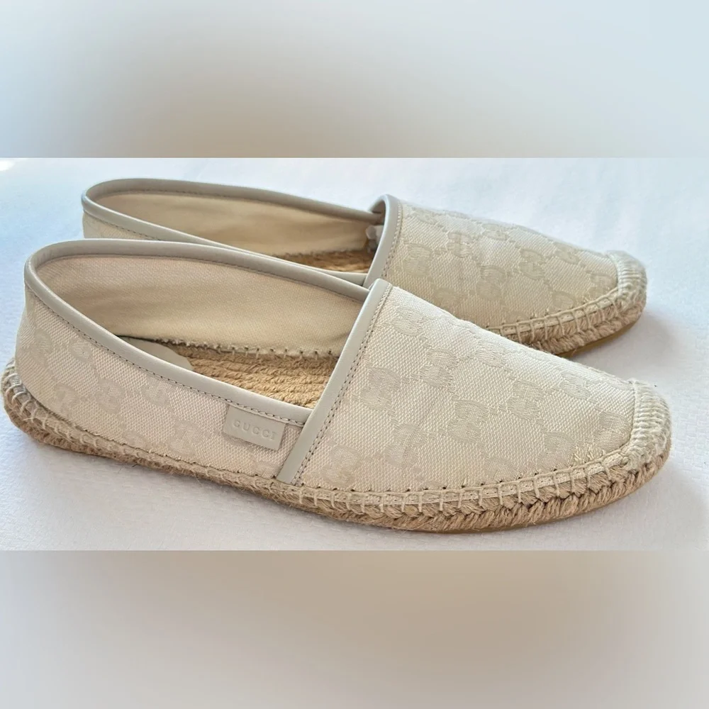 Gucci GG Canvas Leather Trim Embellishment Espadrilles